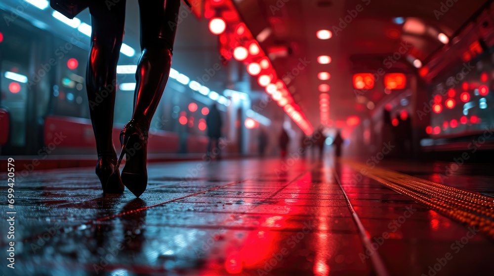 Fototapeta premium red concept of woman walking across mosaic tiles with heart on the floor,