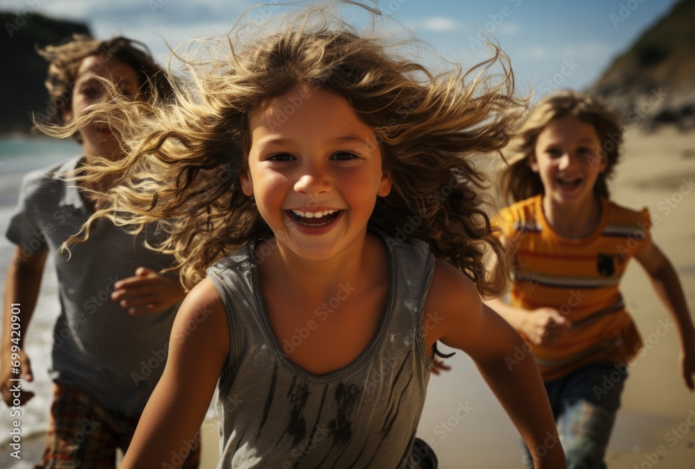 Children Running on Sandy Beach under Clear Blue Sky