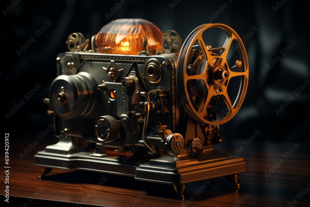 Obraz premium Vintage Film Projector, on an isolated Dark Brown background, Generative AI 
