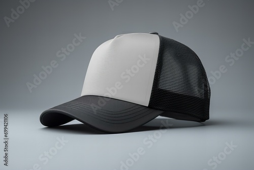 Black and white trucker hat mockup, 3/4 view