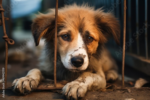 Stray homeless dog in animal shelter cage. Sad abandoned hungry dog behind old rusty grid of the cage in shelter for homeless animals. Dog adoption, rescue, help for pets