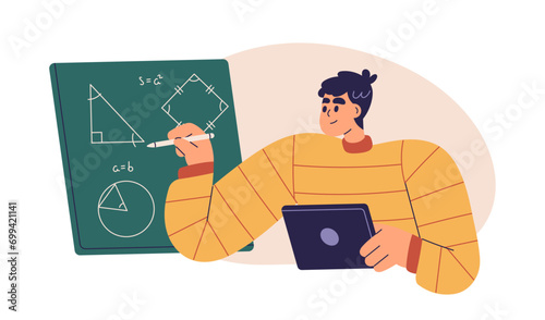 Student studying math online. Character at mathematics class, geometry lesson, drawing formula, solving problems on board. Digital learning. Flat vector illustration isolated on white background