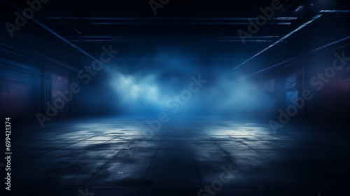 A dark empty street, dark blue background, an empty dark scene, neon light, spotlights The asphalt floor and studio room with smoke float up the interior texture. night view, Generative Ai © Xpert