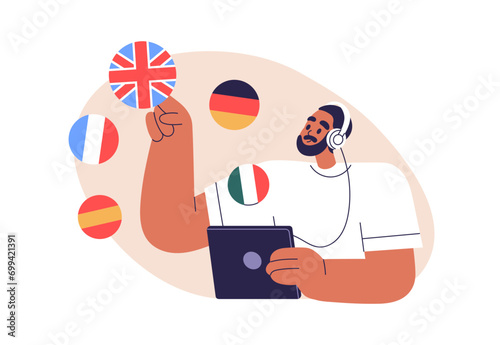 Studying foreign language online. Student choosing English course to learn in internet school. Digital education, elearning concept. Flat graphic vector illustration isolated on white background