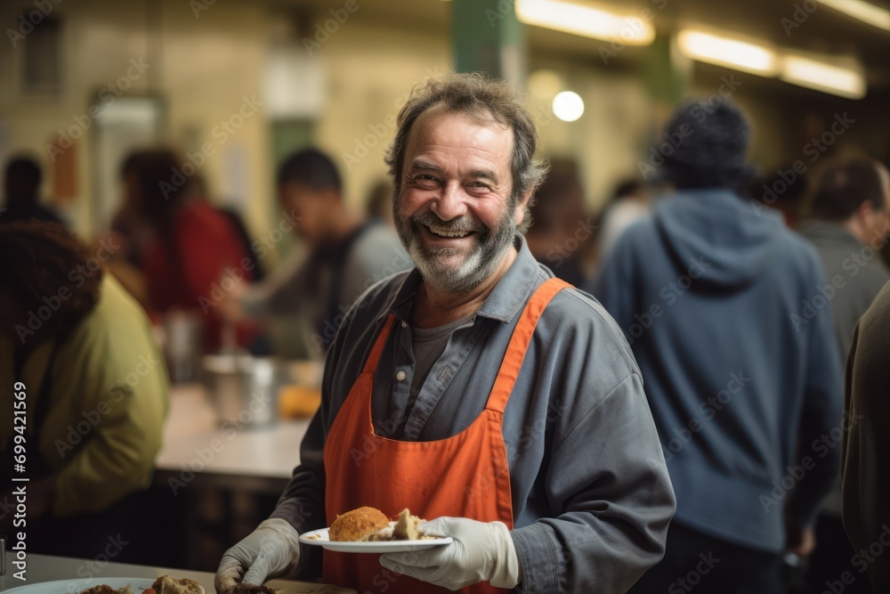 Receiving food for the poor from volunteers: the concept of feeding. Volunteer serving the homeless in a social canteen or shelter - obrazy, fototapety, plakaty 
