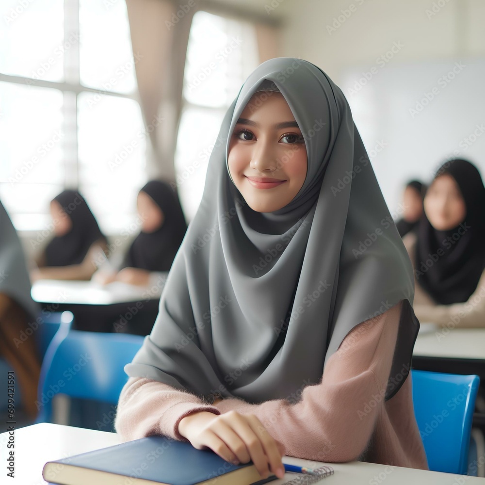 Portrait Of A Muslim Girl Wearing Hijab Sitting In A Classroom Stock portrait-of-a-muslim-girl-wearing-hijab-sitting-in-a-classroom-stock
