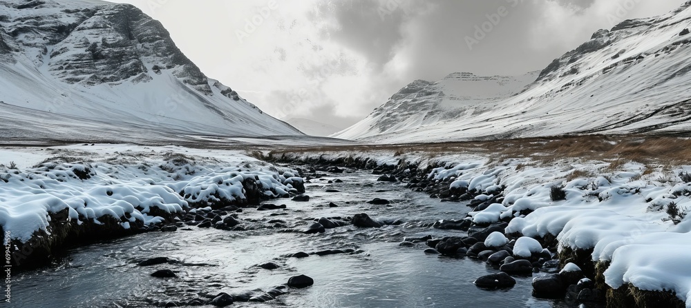 Fototapeta premium Winter mountain valley river stream. Generative AI technology.