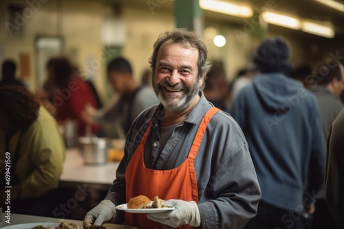 Receiving food for the poor from volunteers: the concept of feeding. Volunteer serving the homeless in a social canteen or shelter photo