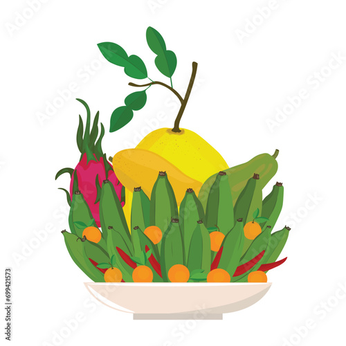 Five fruits tray flat vector illustration isolated on white background. Five-fruit tray in Vietnamese traditional new year. Elements for Tet holidays concept. Happy Lunar new year.