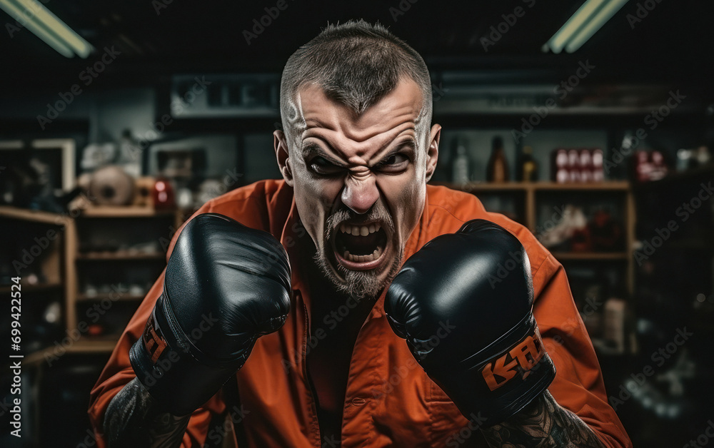Male boxer in action and angry