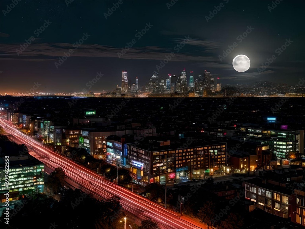 Cyberpunk Cityscape with Long Exposure Traffic Photo with Super Full Moon