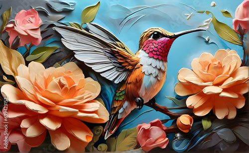 Fototapeta high quality full 3D effects with acrylic painting of creative ideas painted for art of a Hummingbird with flowers. 