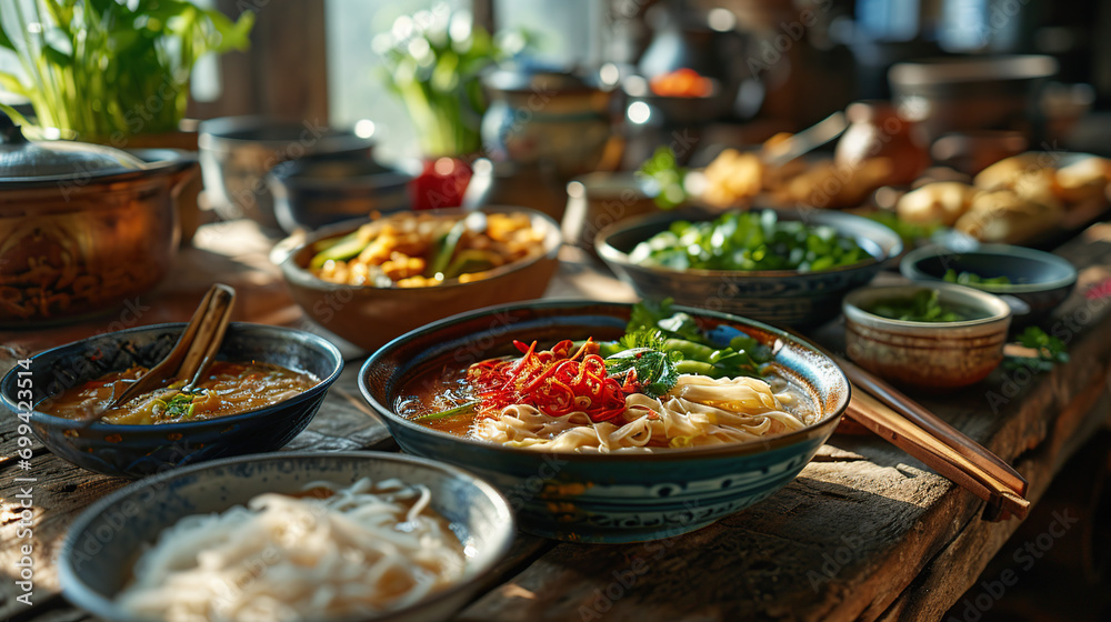 Vietnamese food. Pho ga, pho bo, noodles, spring rolls, Assorted asian dinner