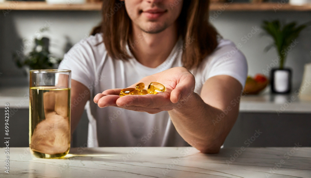 detailed omega 3 fish oil supplement, in the palm of a lady, standing in the kitchen, with a glass of water on the table detailed omega 3 fish oil supplement, in the palm of a lady, standing in the kitchen, with a glass of water on the table