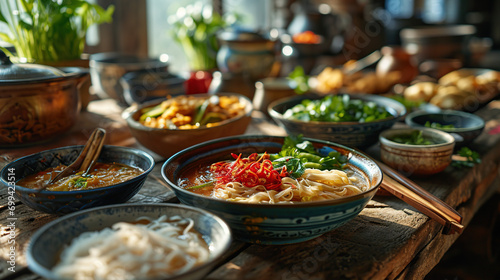 Vietnamese food. Pho ga  pho bo  noodles  spring rolls  Assorted asian dinner