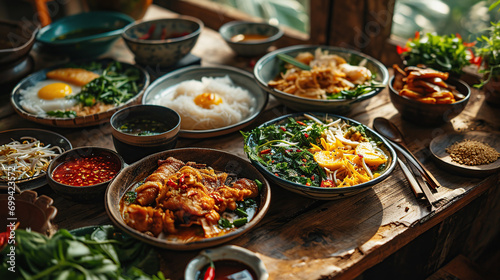 Vietnamese food. Pho ga, pho bo, noodles, spring rolls, Assorted asian dinner © Morng