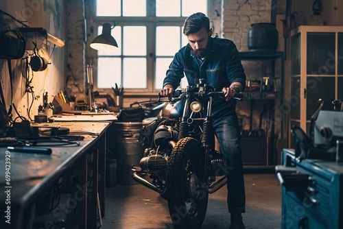 Hombre concentrado ajustando una motocicleta retro en un taller bien equipado photo
