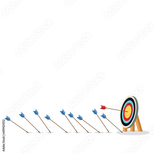 Business challenge failure and success concept. Blue arrows missed hitting target and only red one hits the center.	