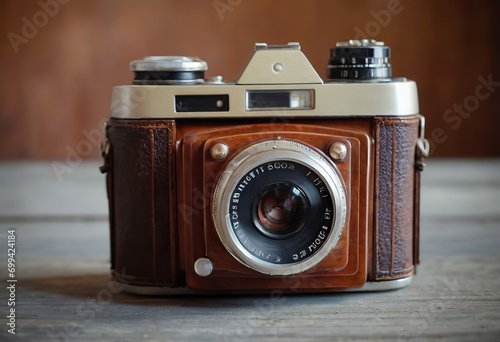 Vintage camera on wooden background