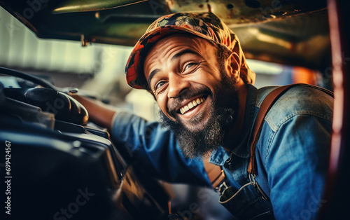 smiling auto mechanic while repair car at workshop