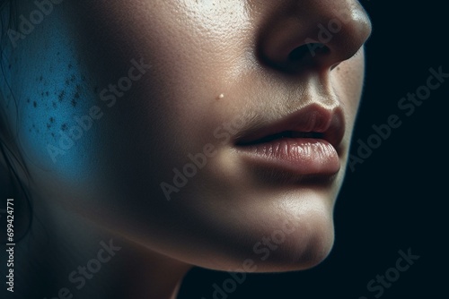 A digitally created image of a female nose in blue color. Generative AI photo