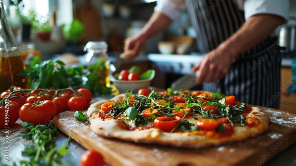Kitchen creativity: a snapshot of a young man assembling a flavorful vegetable pizza.