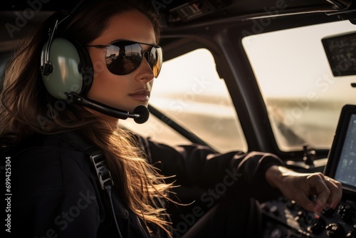 pilot woman confidently navigating a helicopter