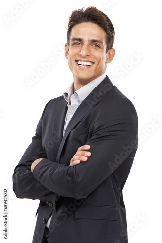 Businessman, arms crossed and smile for portrait, confident and professional on white studio background. Man, young and ready for career, job and employer for startup, mockup space and corporate