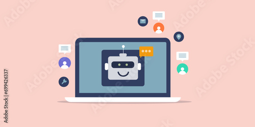 Online customer support automation, company using chatbot software based on artificial intelligence technology, providing faster service to clients, robot face on laptop screen, vector illustration.