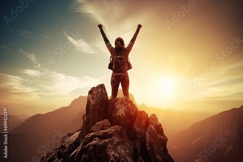 Silhouetted hiker with arms raised in victory stands atop a rugged peak, greeting the sunrise over a vast mountain range.