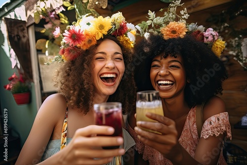 Joyful women with floral headbands toasting drinks at a garden party