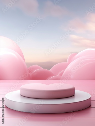 White pedestal or podium display with pink fabric platform on valentines concept background. Blank cosmetic shelf stand for showing product. 3D rendering. copy space - generative ai © Nia™