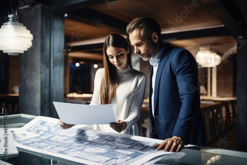 A male and female architect ponder over extensive construction plans on a desk in a dynamic office environment