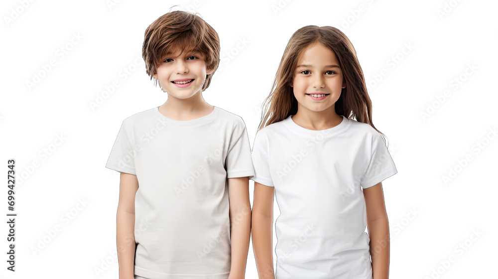 Collection of PNG. Boy and girl with blank white canvas t-shirts isolated on a transparent background. Collection of PNG. Boy and girl with blank white canvas t-shirts isolated on a transparent background.