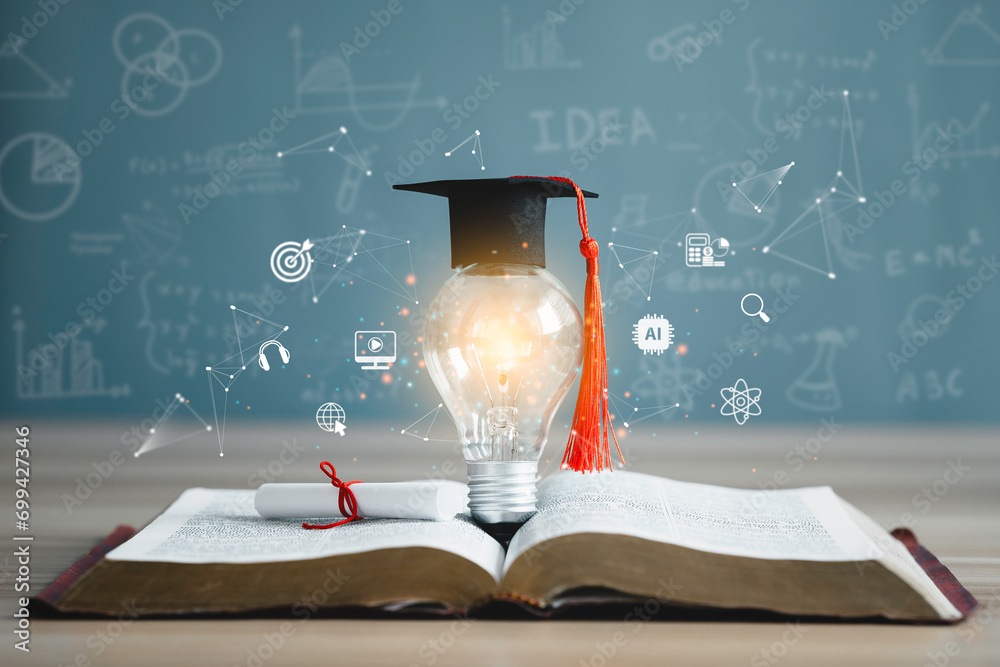 Education learning and Idea knowledge concepts innovative technology, science, and mathematics in school or university. Graduation cap with a lightbulb on the book and icon learning in the classroom.  - obrazy, fototapety, plakaty 