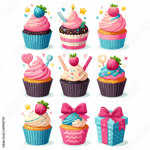 Birthday cupcake vector design. Happy birthday text with celebrating elements like cup cake  balloons and sprinkles for birth day celebration greeting card decoration. Vector illustration
