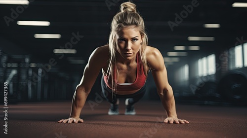A beautiful athletic woman doing plank exercise and stretching in a gym.