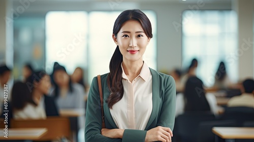 Portrait of a beautiful adult asian school teacher standing in the classroom.