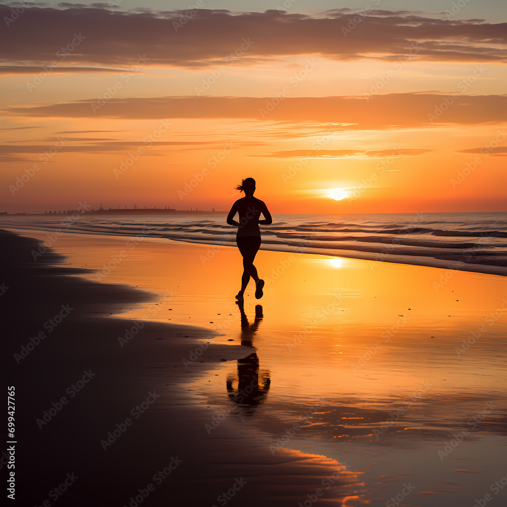 Silhouette of a person jogging along the beach at sunrise.