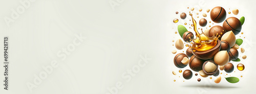 Flying composition of macadamia nut with oil drop. Design element for package. on white background. ai generative 