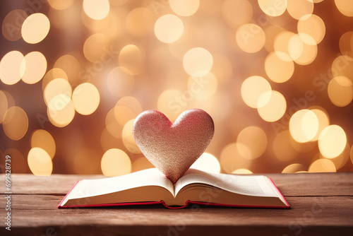 Folded Pages Heart Shaped Paper Book on Glitter Bokeh Background. Symbolizing Valentine's Day, Love Letters, Back to School, Holiday, and Love Symbol