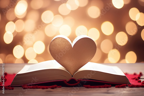 Folded Pages Heart Shaped Paper Book on Glitter Bokeh Background. Symbolizing Valentine's Day, Love Letters, Back to School, Holiday, and Love Symbol