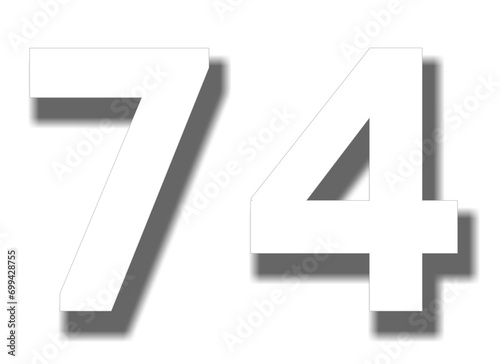 3d number 74 in white color sign symbol numbers for design elements isolated on transparent background photo
