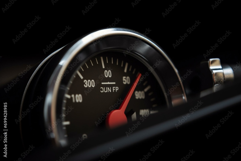 Close-up fuel gauge moves on gray backdrop. Generative AI - obrazy, fototapety, plakaty 
