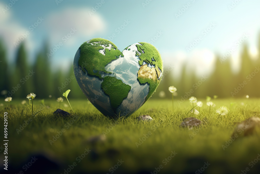 3D Heart Shape Universe World Map on Green Meadow Landscape. Earth Day, Environment Day, Valentine's Day Globe Sphere 3D Heart Shape Universe World Map on Green Meadow Landscape. Earth Day, Environment Day, Valentine's Day Globe Sphere
