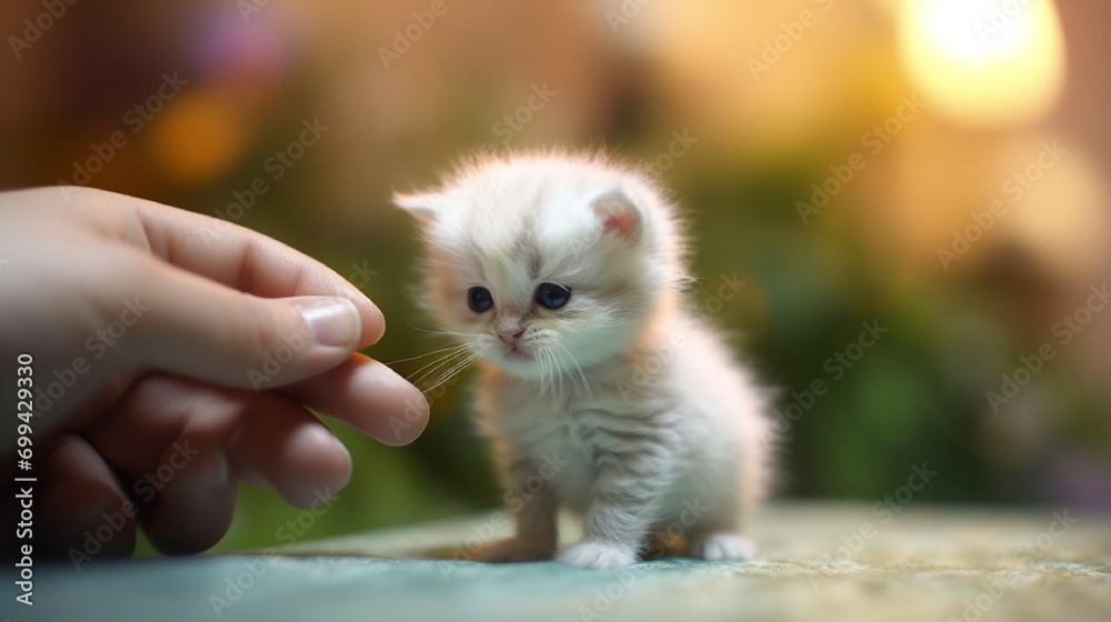 portrait of a miniature cute white mini kitten reaching a baby's hand, doing funny things, funny expression