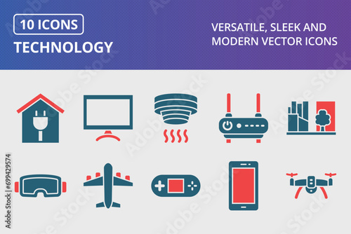 Technology Glyph Two Color Icons Set
