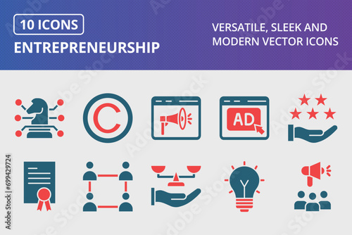 Entrepreneurship Glyph Two Color Icons Set