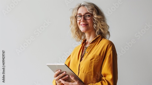 Smiling mid aged mature professional business woman in ginger yellow blouse, 40s female executive or entrepreneur holding fintech tab digital tablet standing in office at work, large window copy space