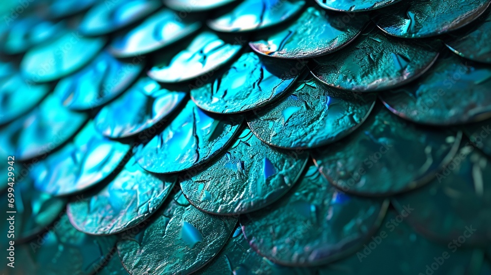 Obraz premium Texture of beautiful purple blue dragon or mermaid scales close up, shiny smooth metallic gorgeous colorful fantasy scales backgrounds.